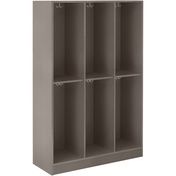A grey metal storage locker with shelves and hooks.