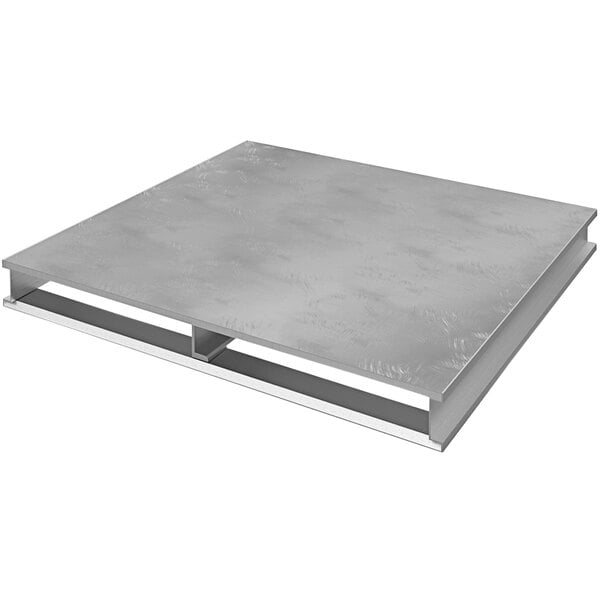 A metal pallet with a white background.