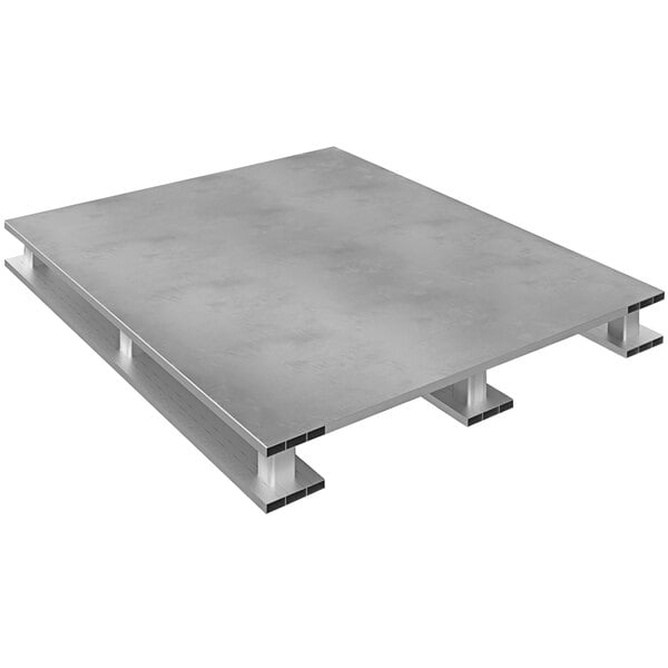 A Vestil solid top aluminum pallet with skid bottom.