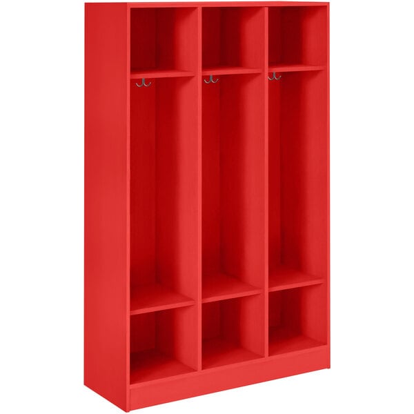A red I.D. Systems triple storage locker with shelves.