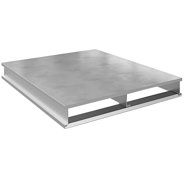 A Vestil solid top aluminum pallet with metal trays.