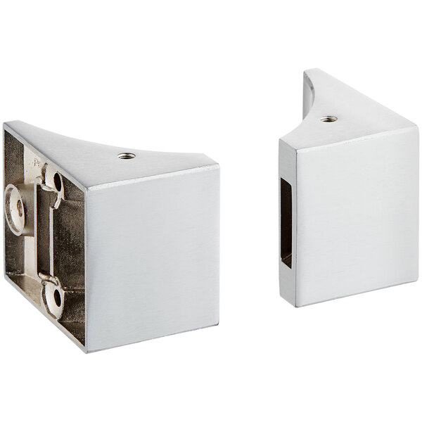 Two square metal brackets with a chrome finish for an Arc Shower Rod.