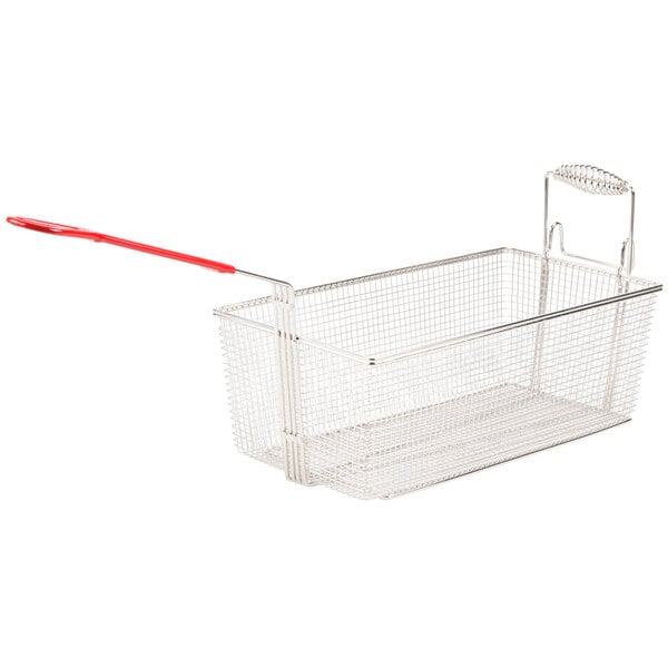 A wire fryer basket with a red handle.