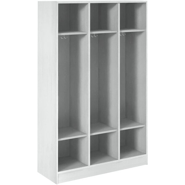 A fashion grey triple storage locker with shelves and two doors.