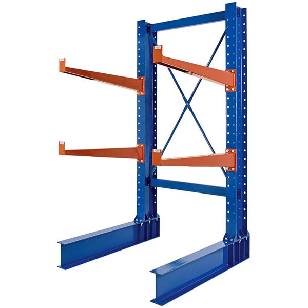 A blue and orange metal Vestil cantilever rack with two arms on one side.