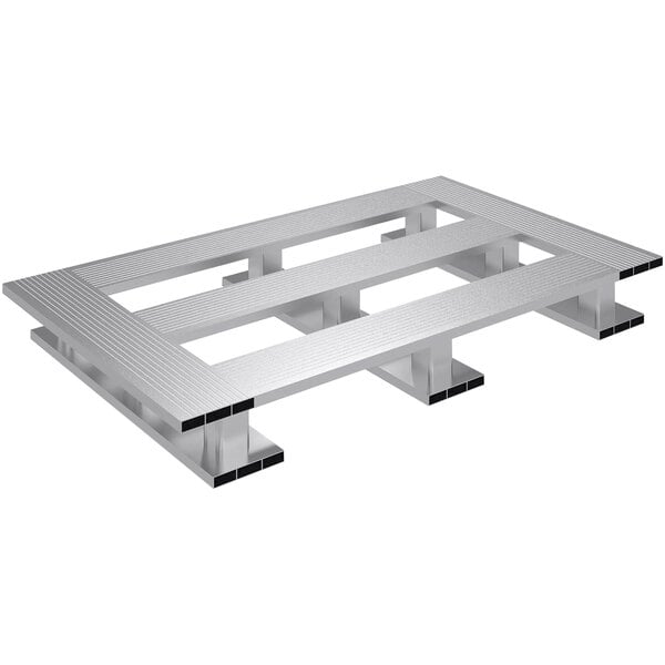 An aluminum Vestil half pallet with black skid bars.