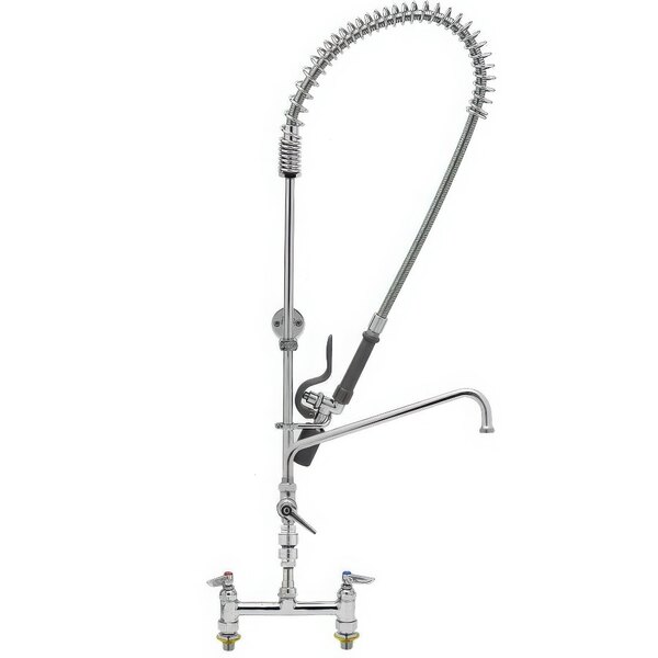 A T&S chrome pre-rinse faucet with hose and sprayer.