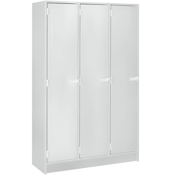 A grey metal locker with three doors and two shelves.