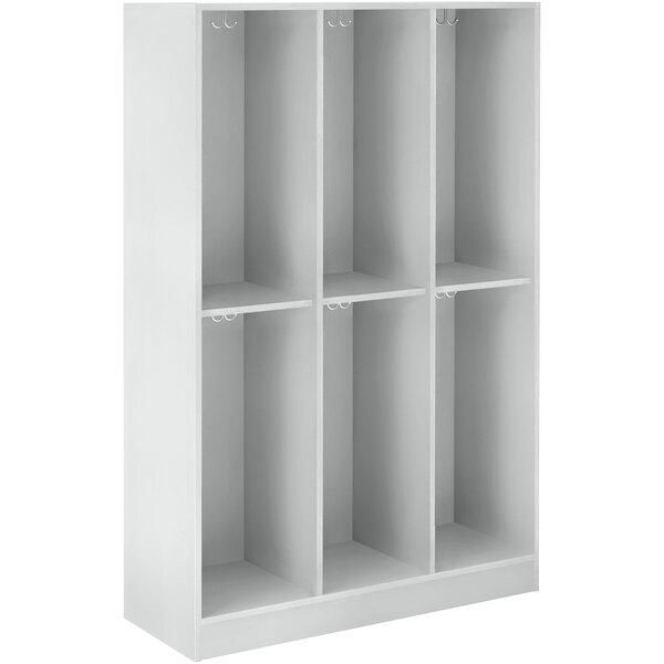 A grey triple storage locker with shelves and hooks.