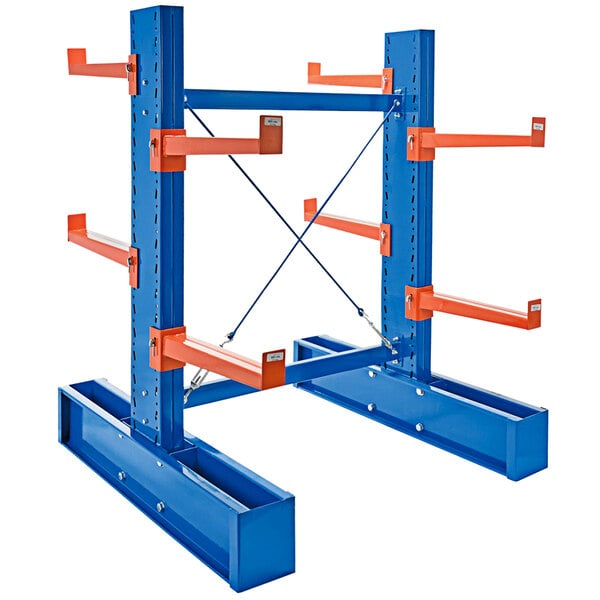 A blue and orange metal Vestil cantilever rack with 24" arms.