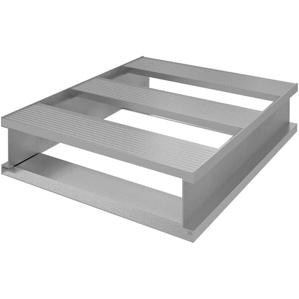 A Vestil aluminum half pallet with a square metal top.