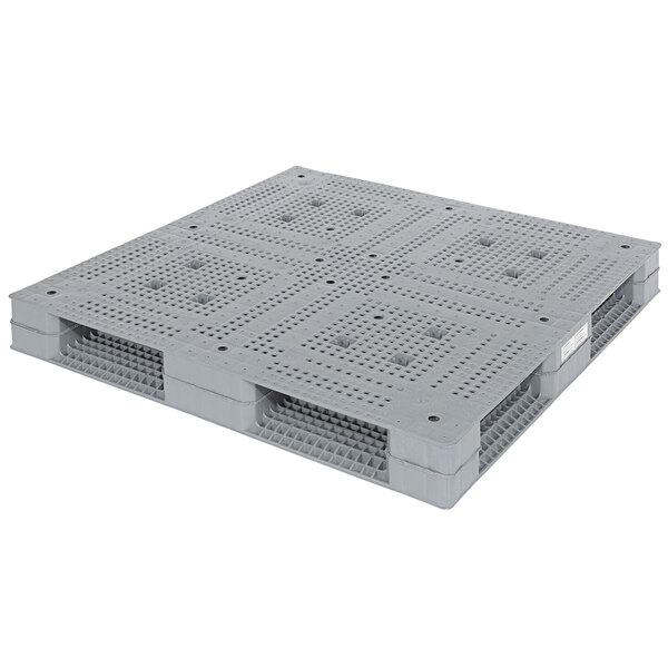 A grey Vestil heavy-duty plastic pallet with four holes.