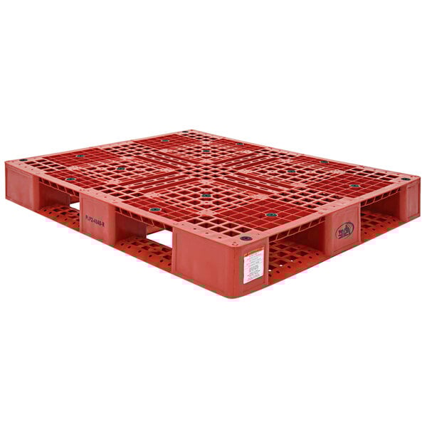 A red Vestil plastic pallet with holes.