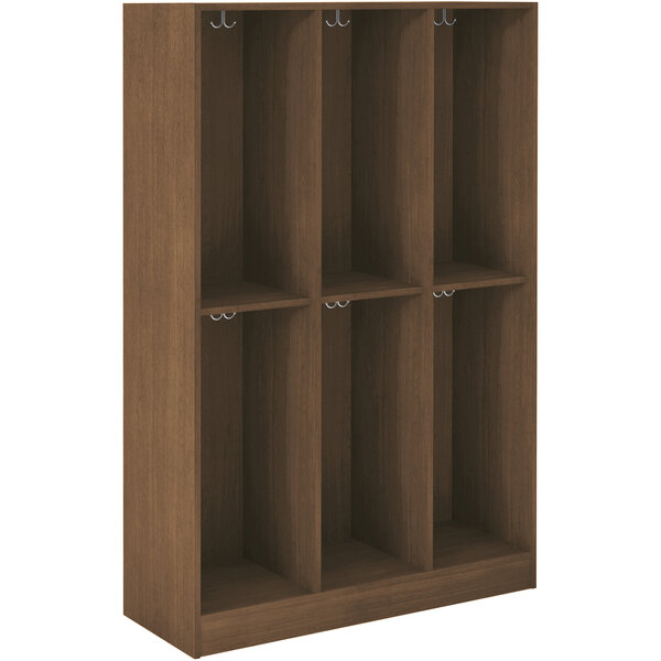 A dark walnut wooden locker with four doors and shelves.