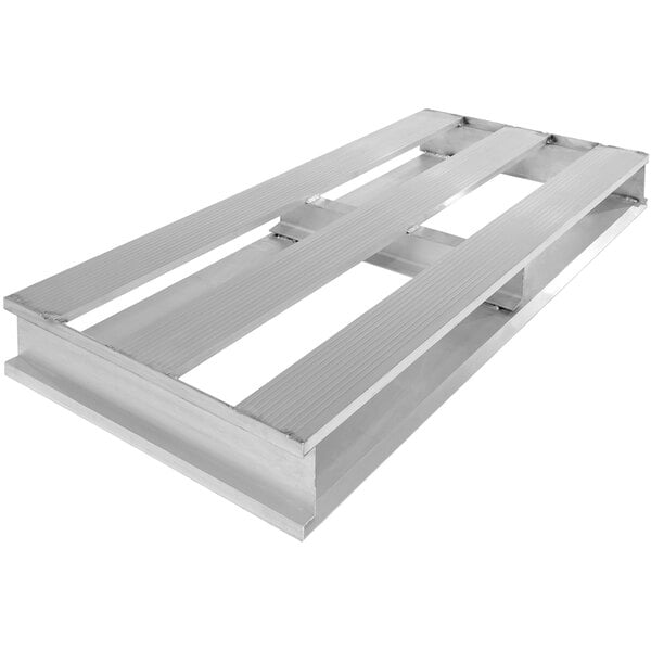 An aluminum Vestil metal half pallet with wooden slats.