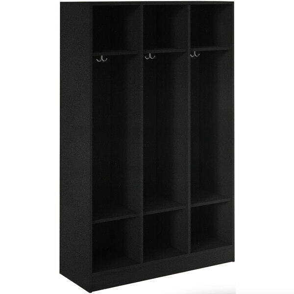 A black I.D. Systems storage locker with three shelves and two doors.