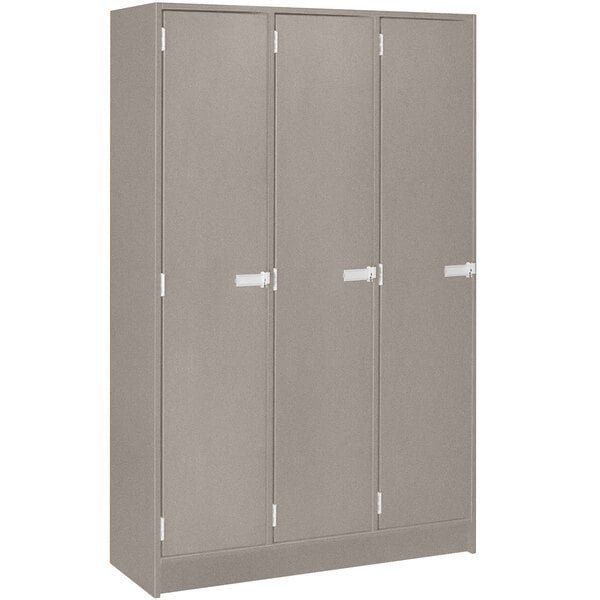 A grey steel I.D. Systems locker with three doors and white handles.
