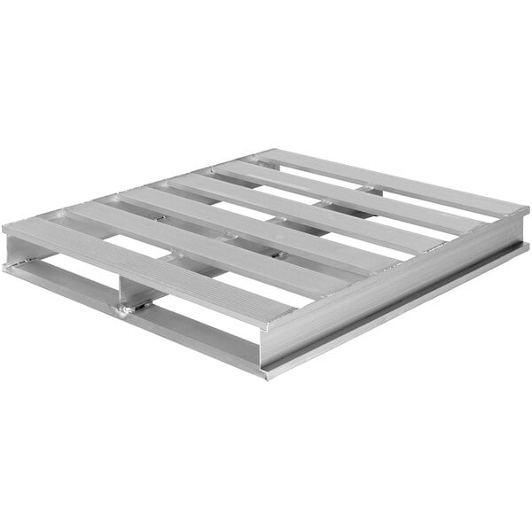 An aluminum Vestil pallet with metal bars on two sides.