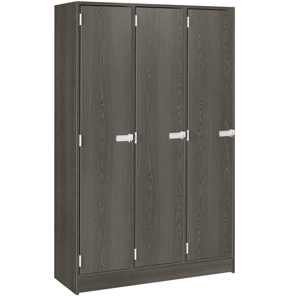 A dark elm I.D. Systems triple door storage locker with white handles.