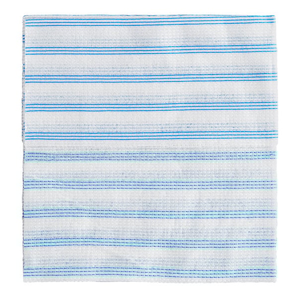 A close up of a blue and white striped Rubbermaid HYGEN microfiber cloth.