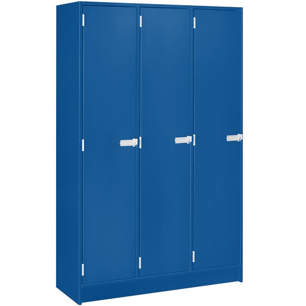 A royal blue steel triple door locker with two shelves.