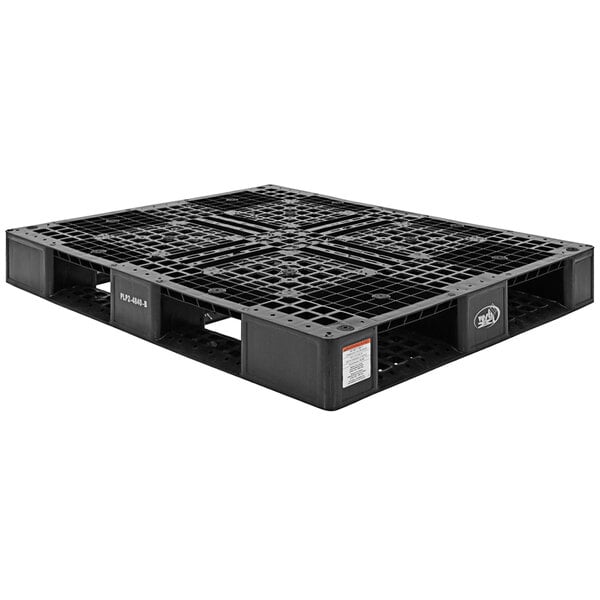 A black plastic Vestil pallet with holes.