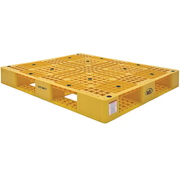 A yellow plastic Vestil pallet with holes.