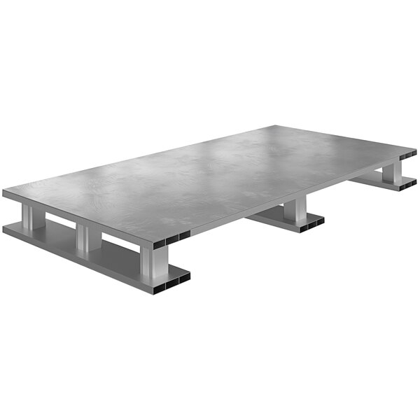 A Vestil solid aluminum half pallet with a skid bottom and metal plate.