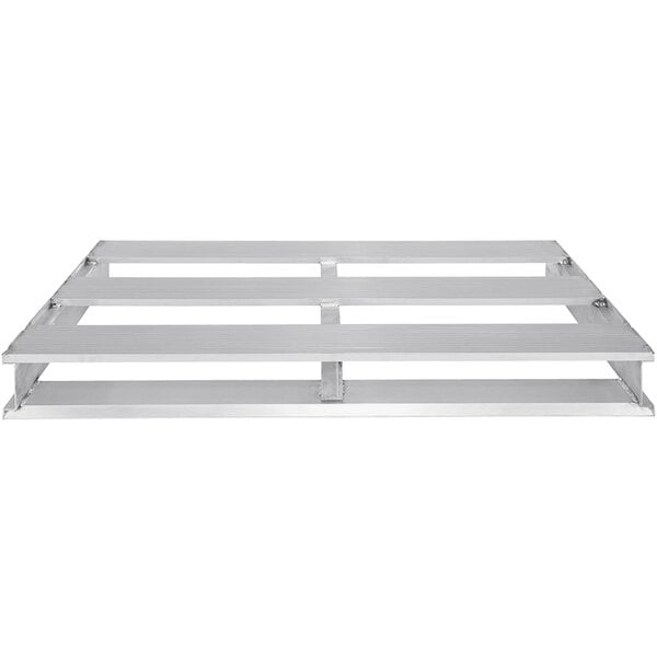 A silver aluminum half pallet with wooden slats.