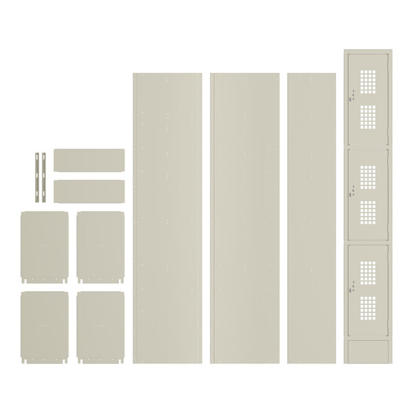 A white metal single tier locker with a black border and four doors.