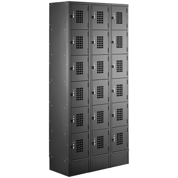 A black Regency metal locker with many compartments.