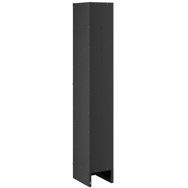 A black rectangular metal locker with a door and holes.