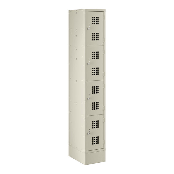 A beige Regency metal locker with four compartments.