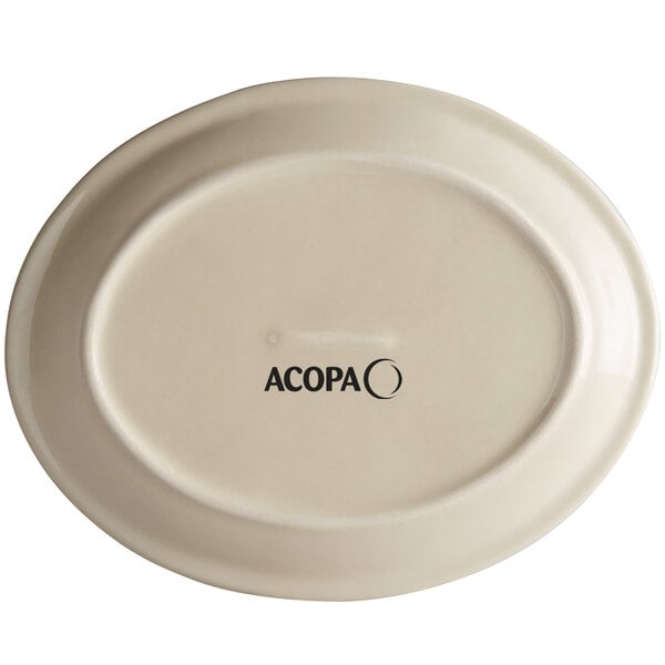 An Acopa brown speckle narrow rim oval stoneware platter with black text reading "Acopa"