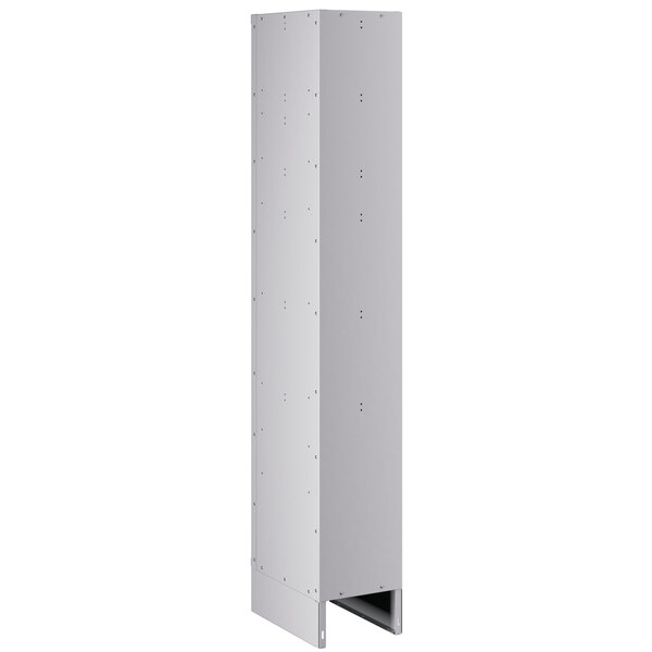 A gray metal locker with a door and holes in the sides.