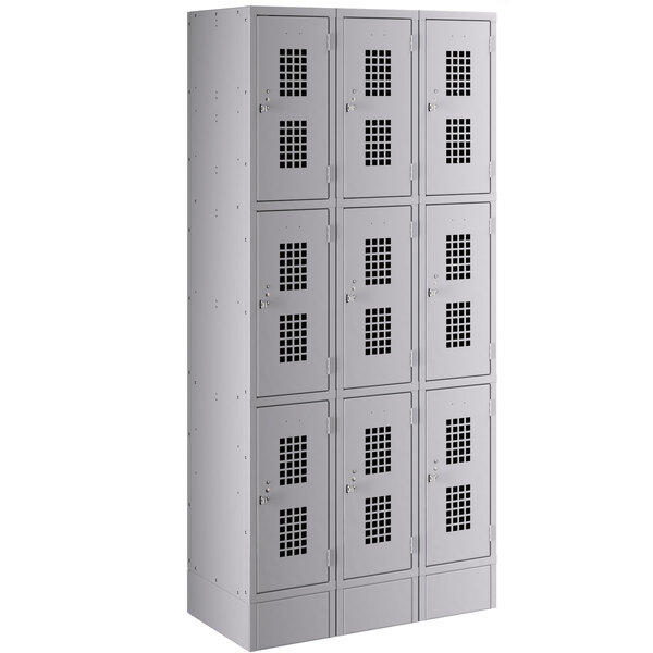 A gray Regency 3 wide, 3 tier locker with small doors.