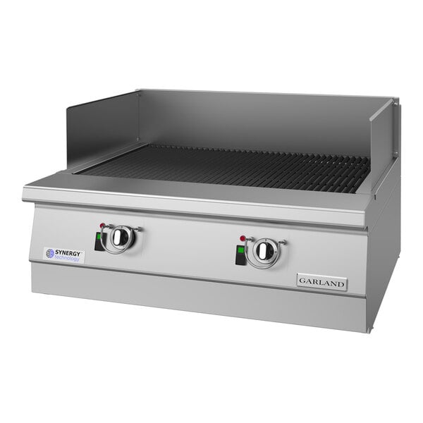 A stainless steel 36-inch heavy-duty liquid propane countertop charbroiler with two control knobs and raised side and back panels.