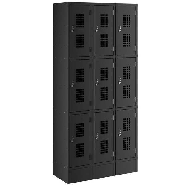 A close-up of black Regency lockers with three doors on each.