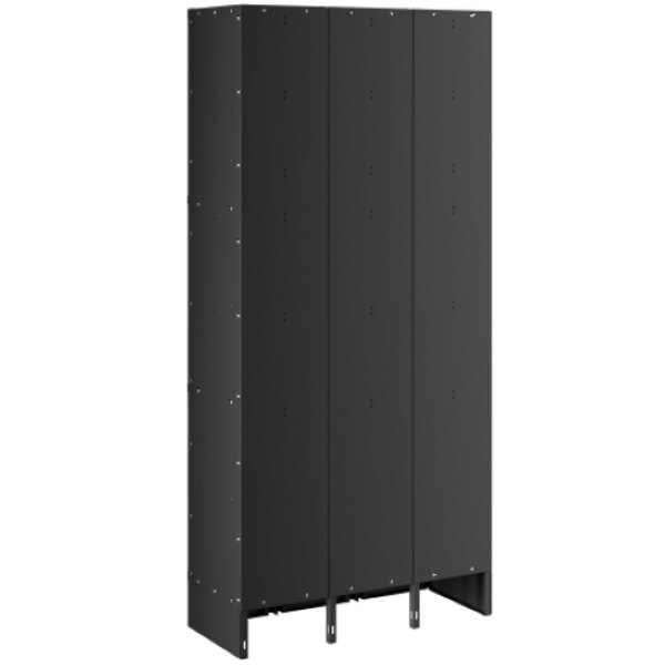 A black cabinet with three metal doors.