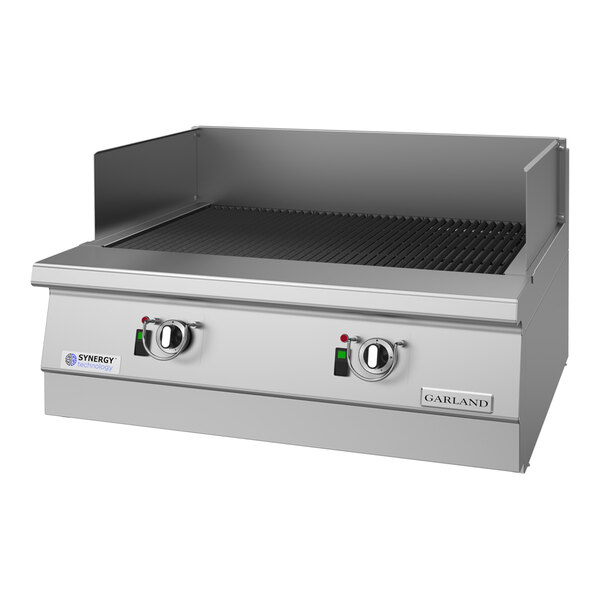 A stainless steel 36-inch heavy-duty natural gas countertop charbroiler with two control knobs and side splash guards.