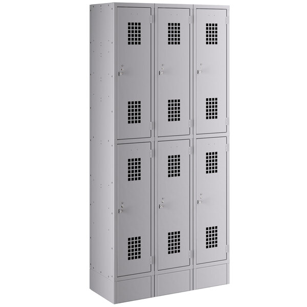 A group of grey Regency lockers with many doors.