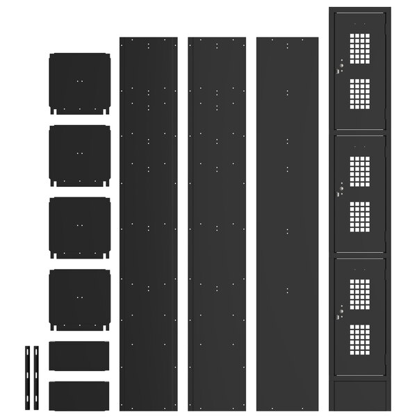 A black metal locker with rectangular and square panels, and doors with white squares.