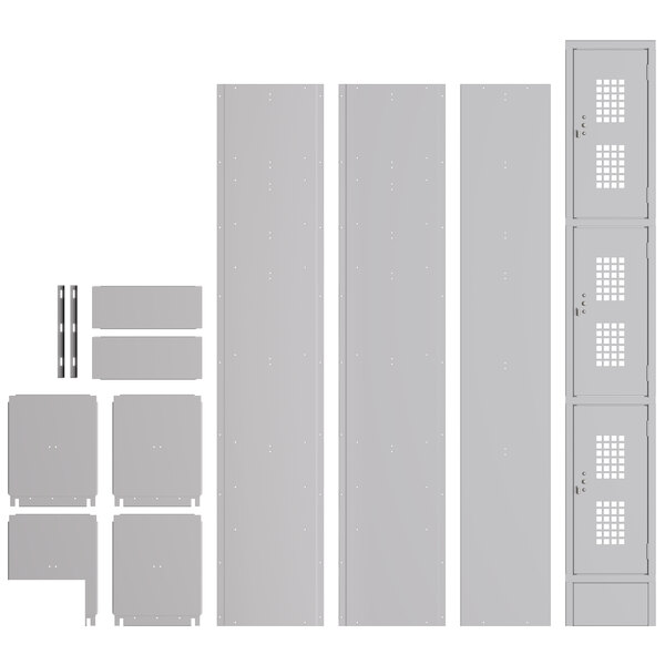 A set of unassembled grey metal lockers with square holes on the doors.