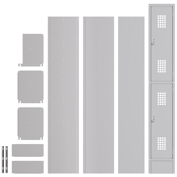 A gray metal rectangular locker with holes in it.