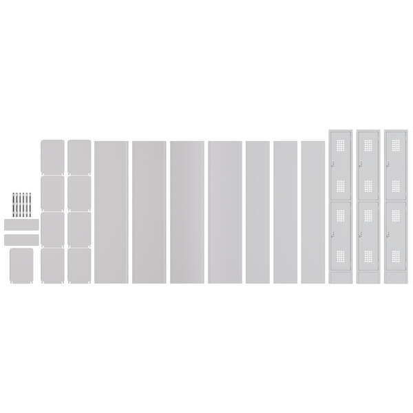 A row of unassembled gray Regency lockers.
