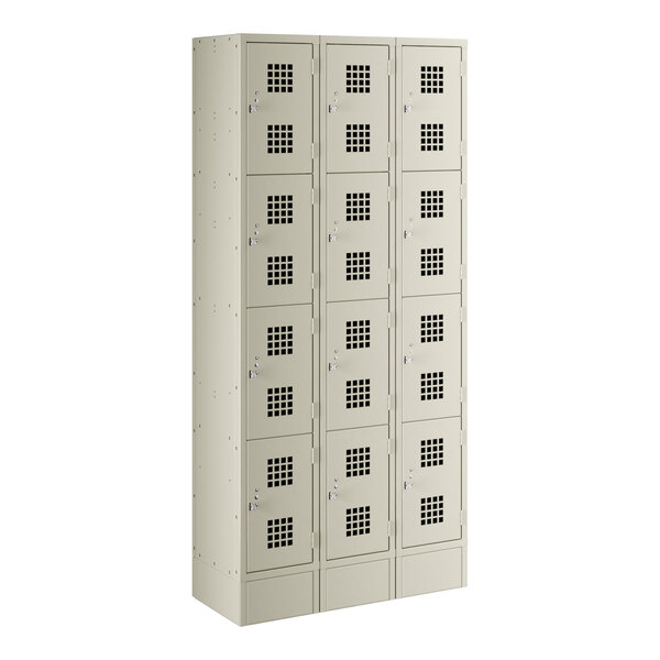 A beige metal Regency locker with 12 small doors.