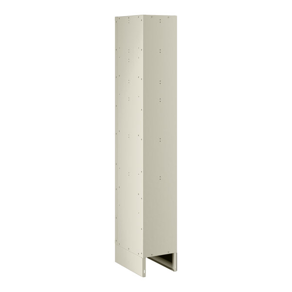 A beige metal locker with a door and rectangular holes.