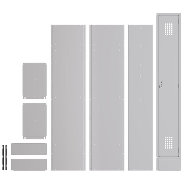 A set of metal parts for a gray rectangular locker with a white border and keyhole.
