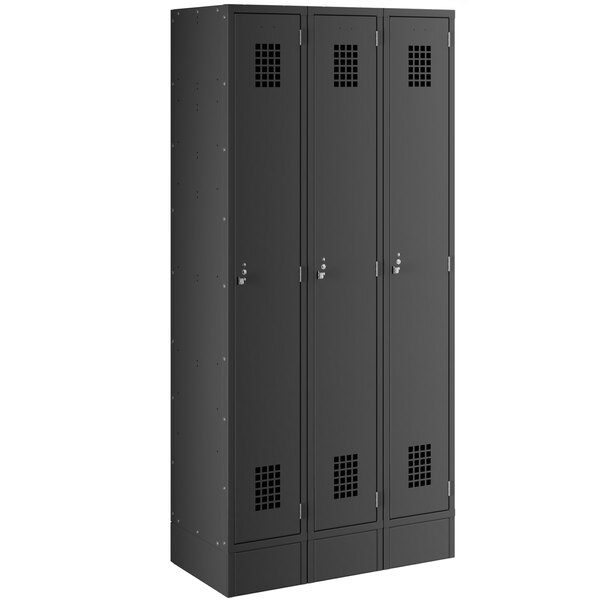 A black steel Regency locker with four doors and silver handles.