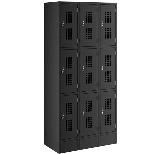 A row of black Regency lockers with many doors.